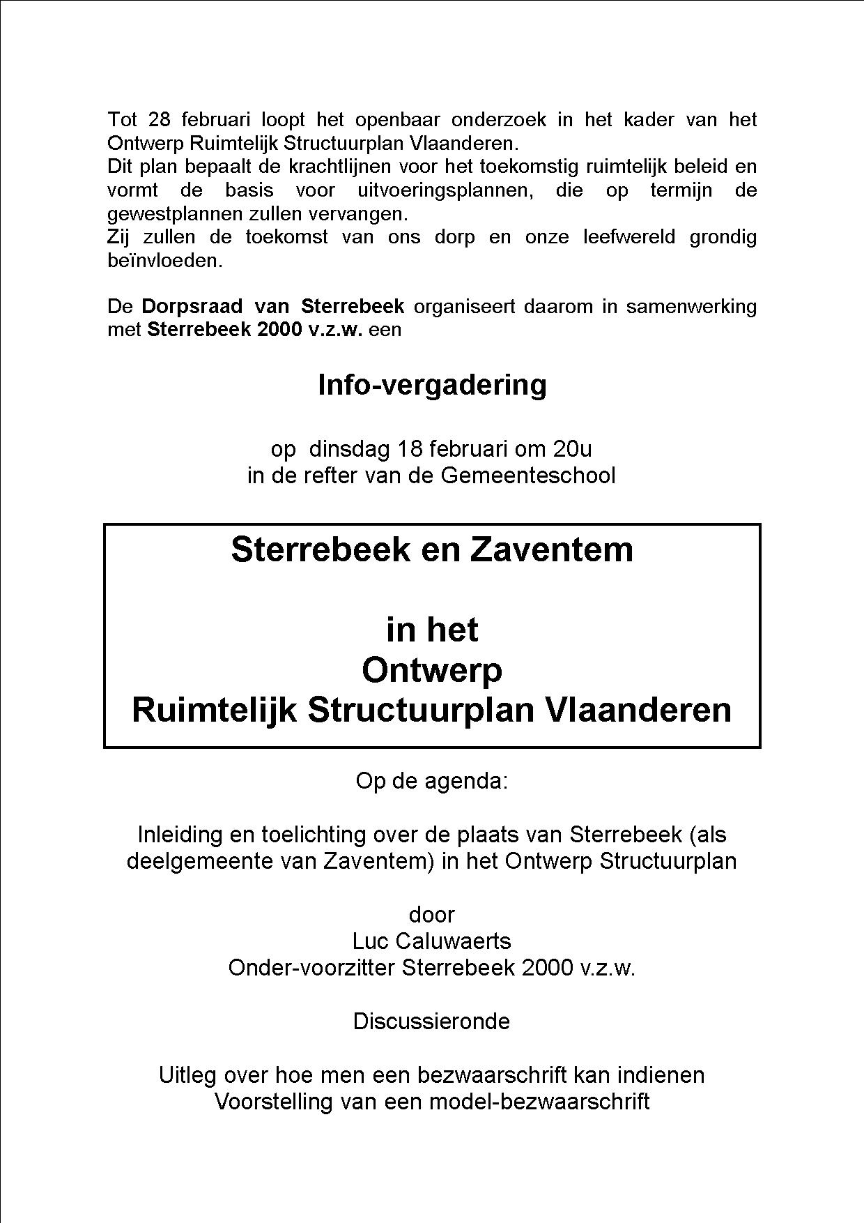 Infoavond over het structuurplan Vlaanderen: STERREBEEK 2000 roept op om bezwaar in te dienen